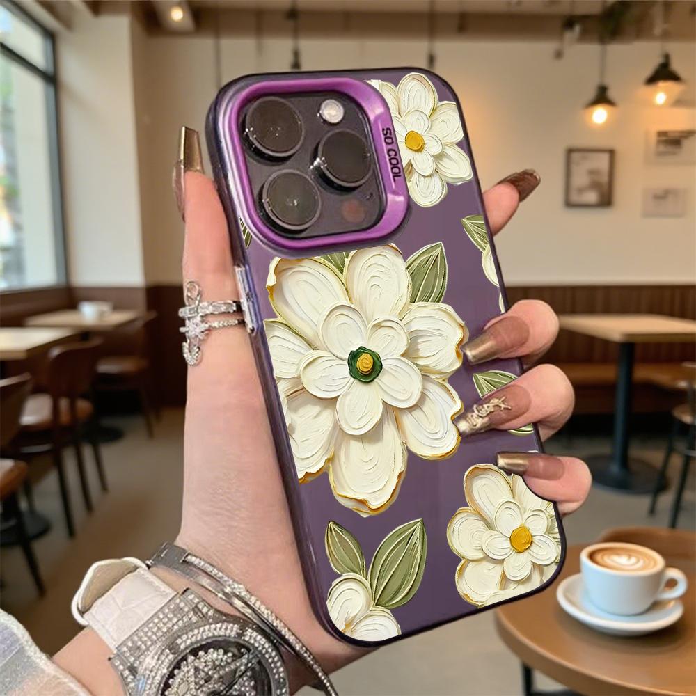 Textured White Flowers Shockproof Phone Case for Iphone 16 15 14 13 12 11 Pro Max/Mini Anti-Scratch Premium Hard Cover