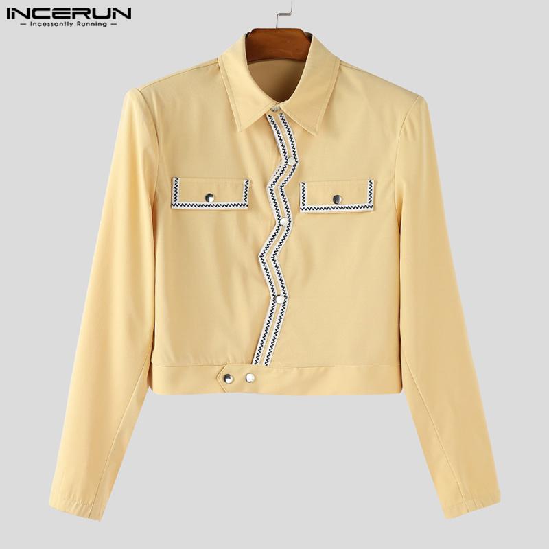 INCERUN Men Long Sleeve Button Texture Hem Stitching Short Coats Jackets