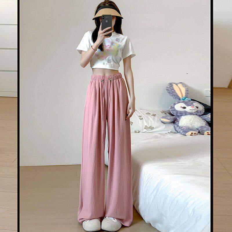 Ice Silk Pleated Wide-Leg Maternity Pants - No Waistband, Petite Fit, Drawstring, Spring/Summer Style