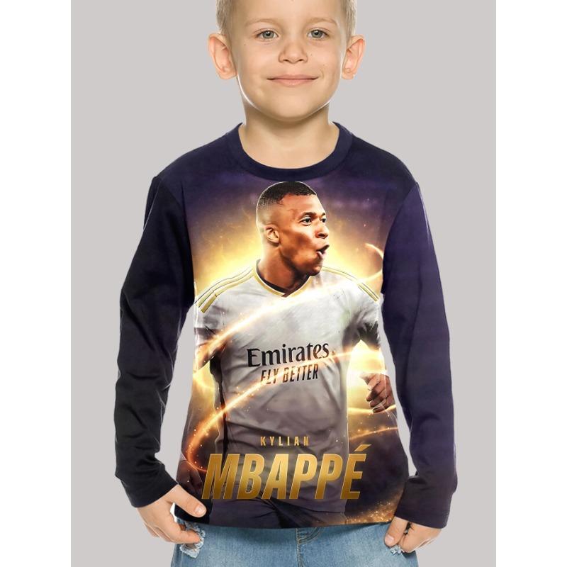 Spring and Autumn Round Neck 3D Football Star Kylian Mbappé Pattern Printed Top Fashionable Casual Long Sleeved Children's Boy T-shirts