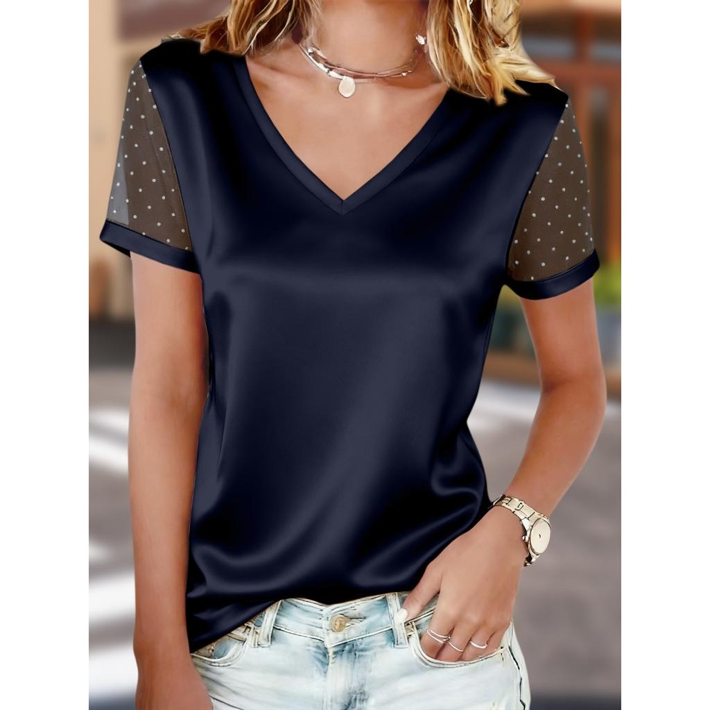 Summer Fashion Versatile Women's V-neck Short Sleeve T-shirt Mesh Flocked Casual Top For European And American Women