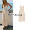 Summer New Product Women's Clothes Vacation Style Pleated Details V-neck Strap Poplin Midi Skirt Long Dress 3152223