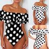 Womens One Piece Swimsuit Off Shoulder Ruffle Layered Design Plus Size Polka Dot Print Swimwear Beachwear Bathing Suit