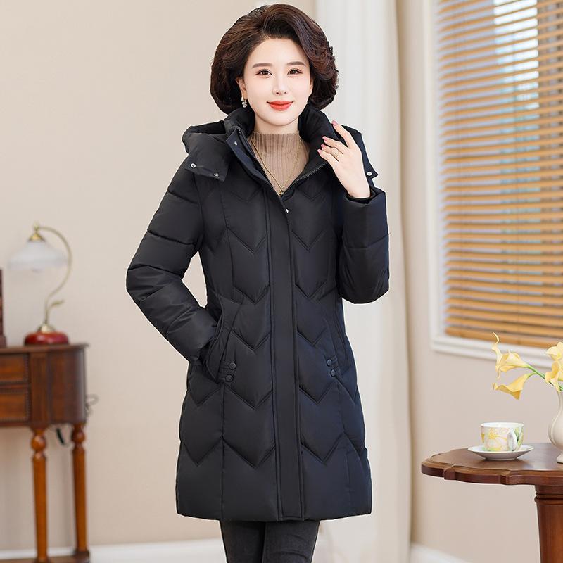 Middle-aged and Elderly Large-size Cotton-padded Clothes for Women's Medium and Long Loose Winter Hooded Down Cotton-padded Jackets