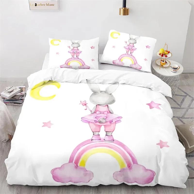 Cartoon Animal Cute Rainbow Rabbit Bedding Set Single Twin Double Queen King Cal King Size Bed Linen Set