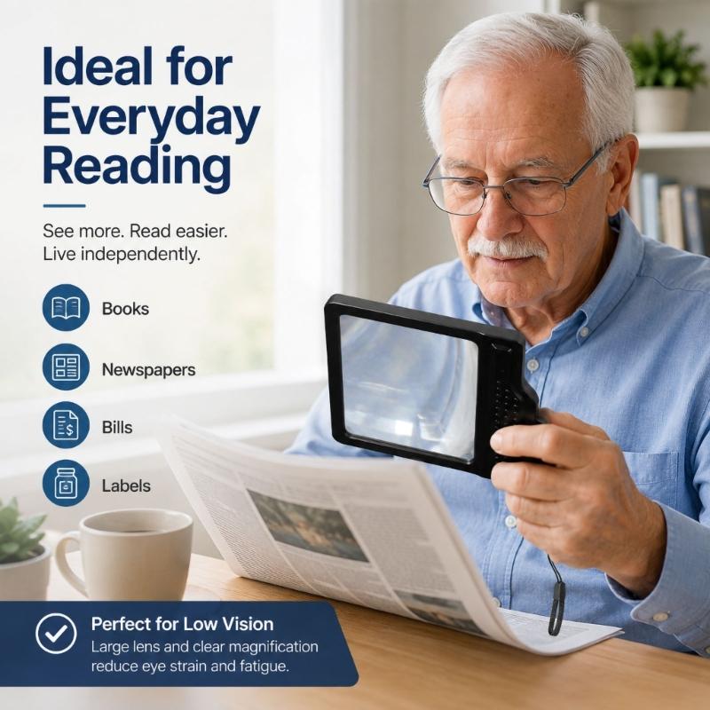 Handheld Reading Page Magnifier for Small Print with Integrated Light, Acrylic Lens and ABS Frame for Books, Newspapers and Labels