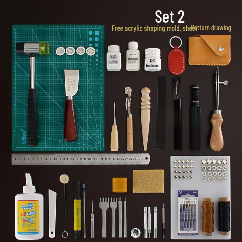 Handmade Leathercraft Sewing Set: Cutting Knife, Diamond Awl, Edge Beveler, Waxed Thread, and Coat.