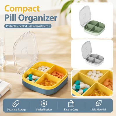 Portable Mini Pill Box with Four Compartments Leakproof Storage Case for Daily Medication Organization and Travel Use