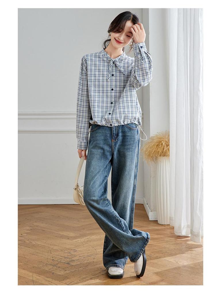 Jesień 2025 Damska Koszula w Kratę z Długim Rękawem i Kokardą