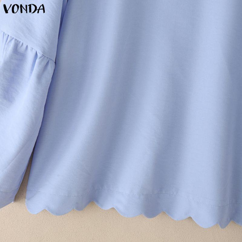 VONDA Women Casual Turn Down Collar Flare Sleeve Casual Loose Blouse