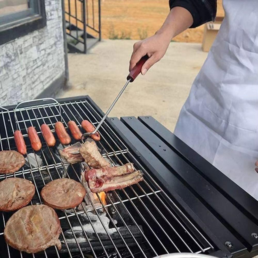 Wooden Handle BBQ Meat Flipper Hook Heavy Duty Grilling Cooking Flipper  Home Cookout
