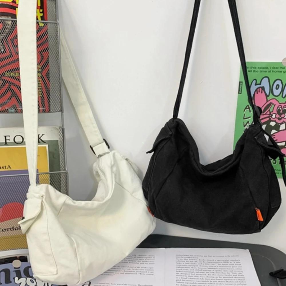 Female Canvas Fabric Hobo Soft Slouchy Shoulder Bag Y2K Student Leisure Medium Size School Book Laptop Pouch Messenger Side Bag