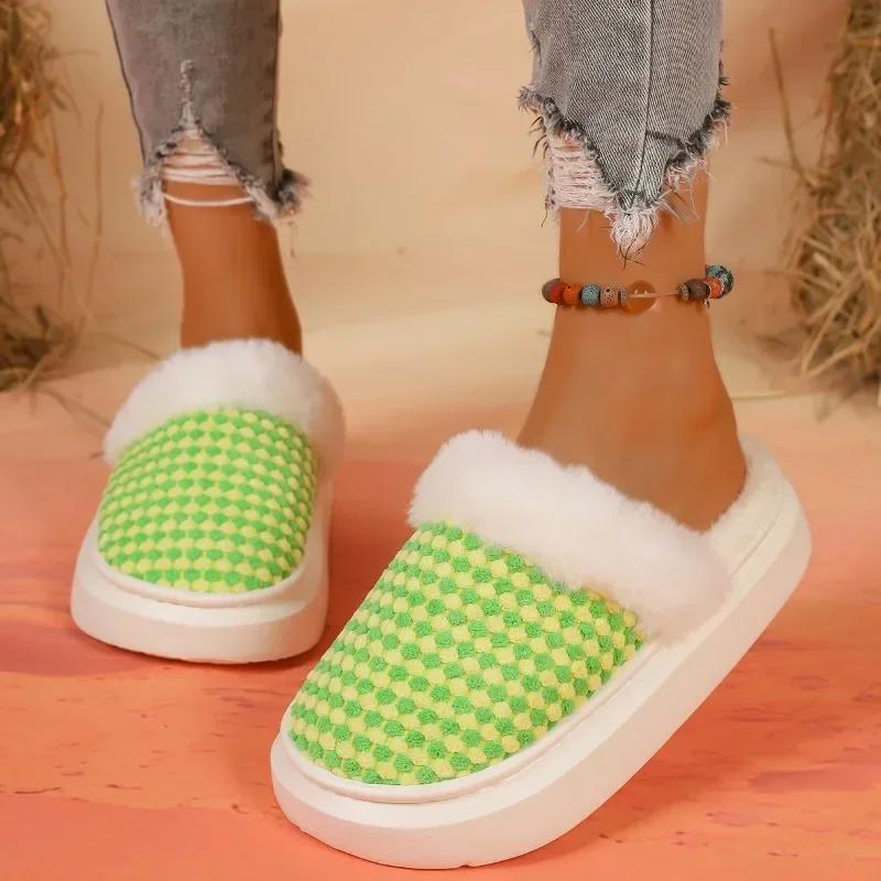 Couple Slippers Indoor Stripe Fluff Memory Foam Fluffy  Anti-skid Soft Heel Non Slip Plush Slippers Women's Winter Houseshoes