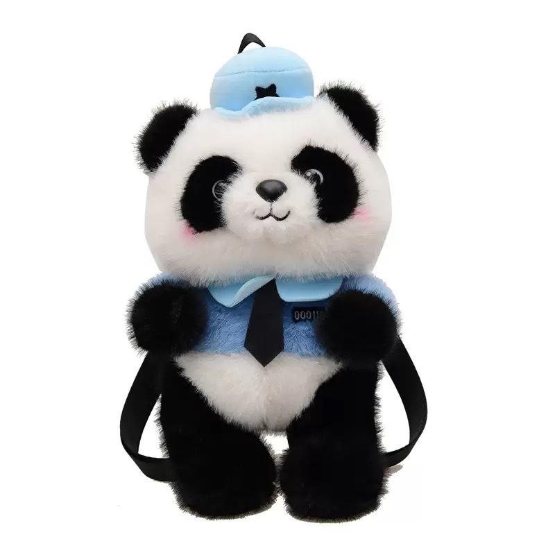 

Plush Police Panda Backpack With Cartoon Pattern Adjustable Shoulder Bag Straps синий