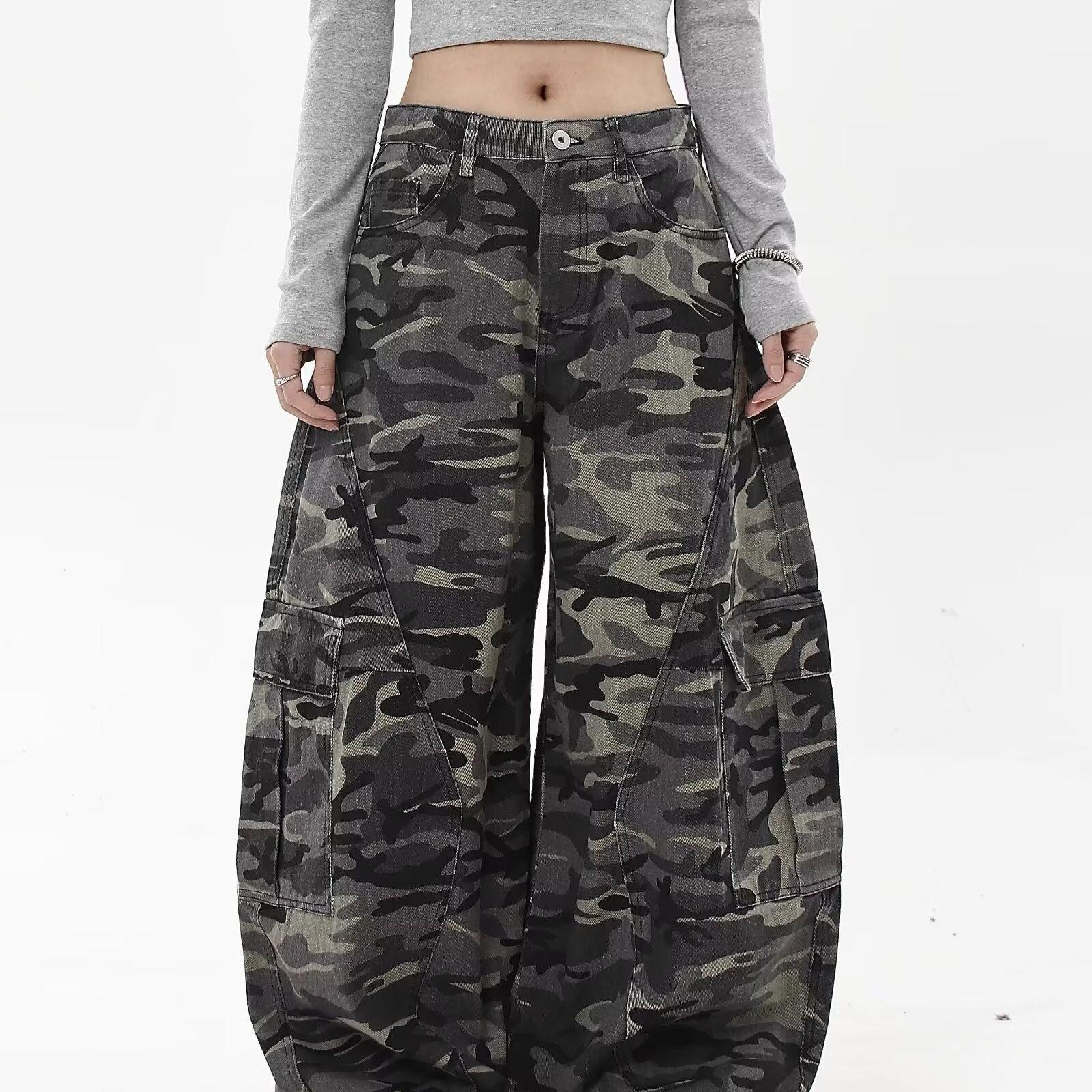 Unisex American Retro Camouflage Cargo Pants, Spring/Autumn 2024, Loose Fit, Multi-Pocket, Washed Style XL