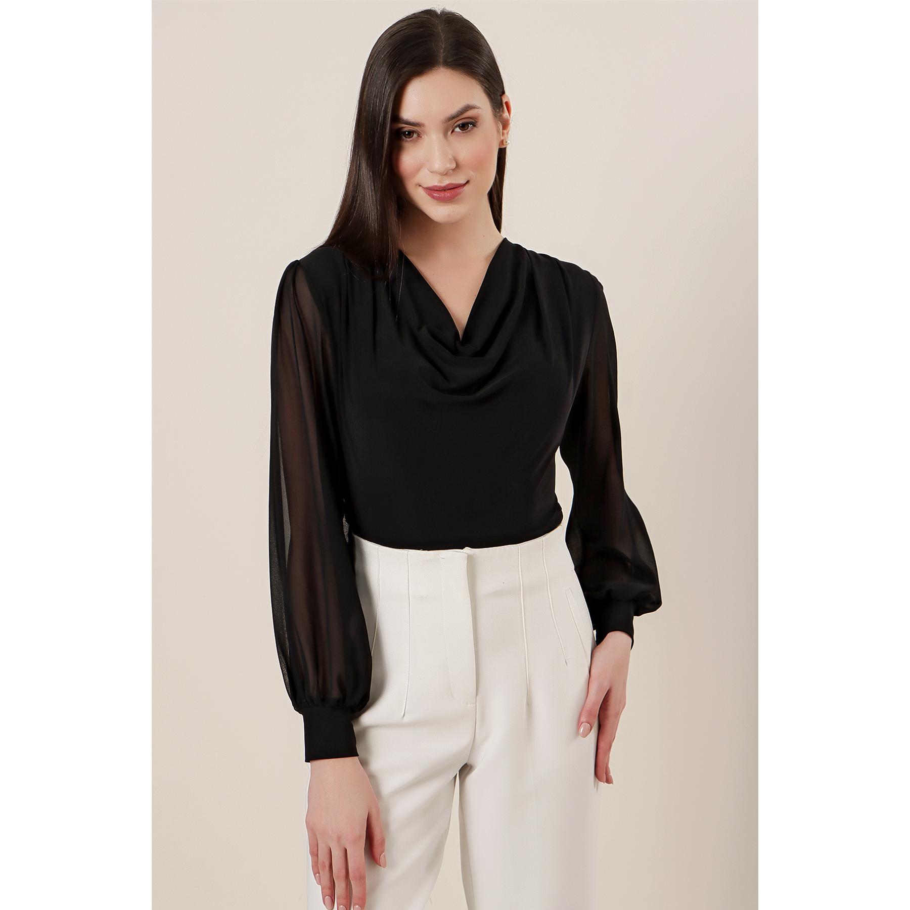 

Шифоновая блузка из лайкры с глубоким воротником и рукавами M чёрный