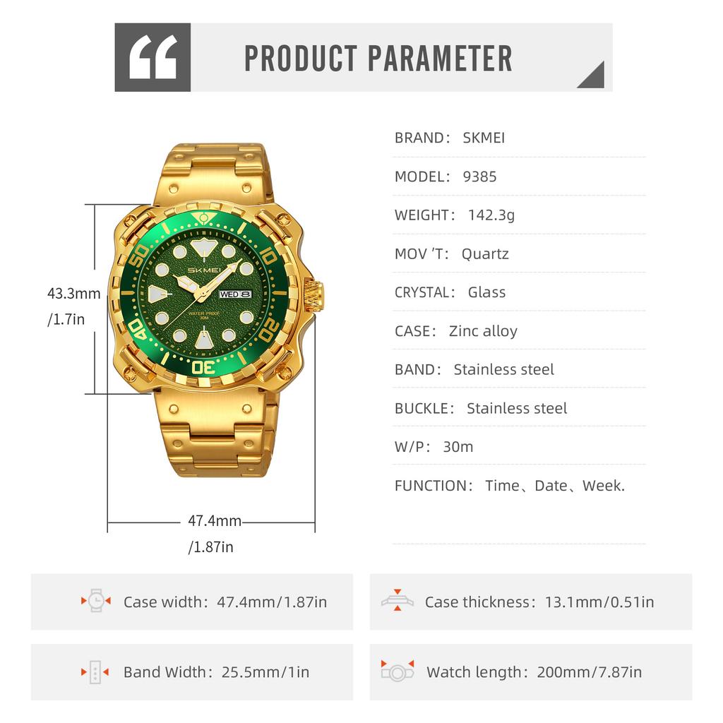 Skmei Men Watch Outdoor Sports Quartz Watches Mens Stainless Steel Waterproof Luminous Wristwatch Male Week Date Display Clock