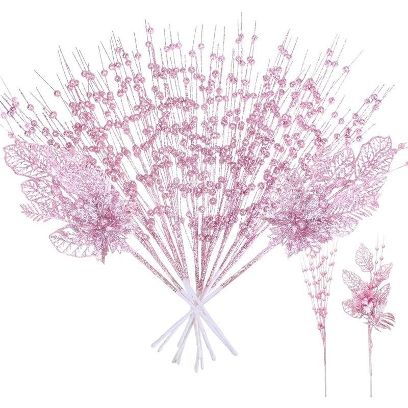 

2 шт. Розовый декор для рождественской елки Искусственная рождественская елка Блестящие ягодные стебли с цветком для рождественского подарка Новогоднее украшение 2Pcs розовый