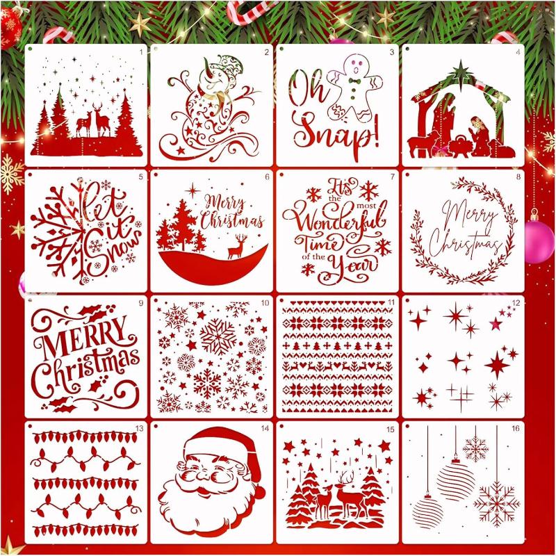 16 Pieces/set, Reusable, Winter Holiday Templates, Christmas Decorations, Christmas Painting Templates, Party Decorations, White