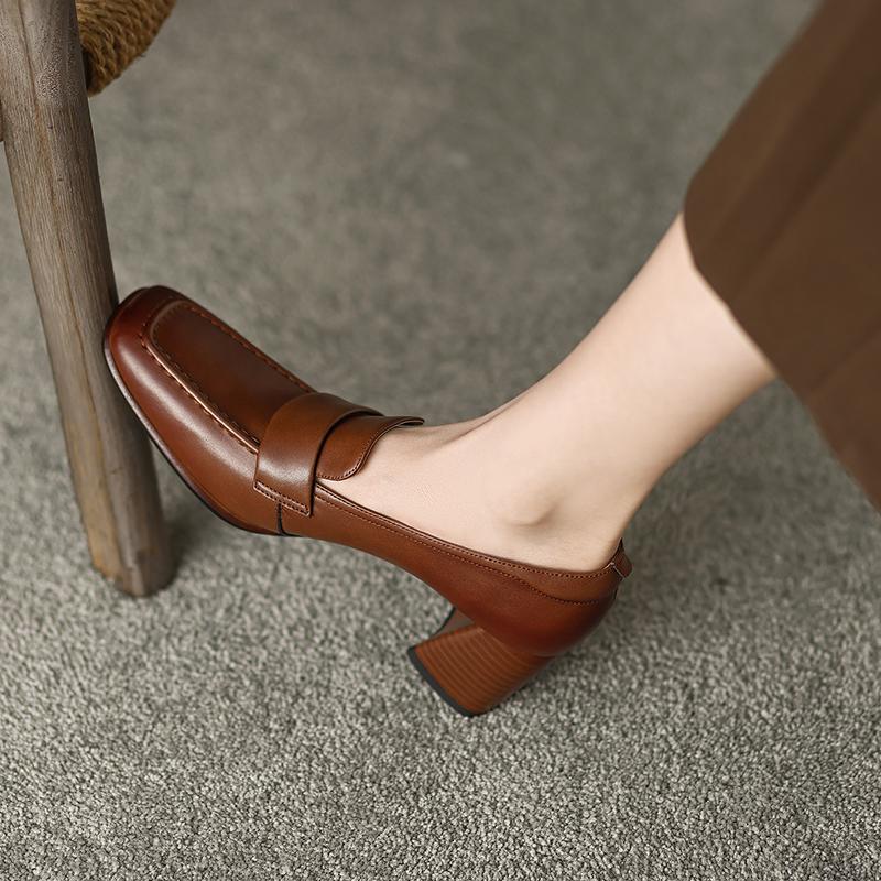 Fashion 2025 Spring New Cow Leather Women Shoes LEISURE Women Slip-On Shallow Pumps Square Toe High Heels Shoes Women Zapatos De Mujer