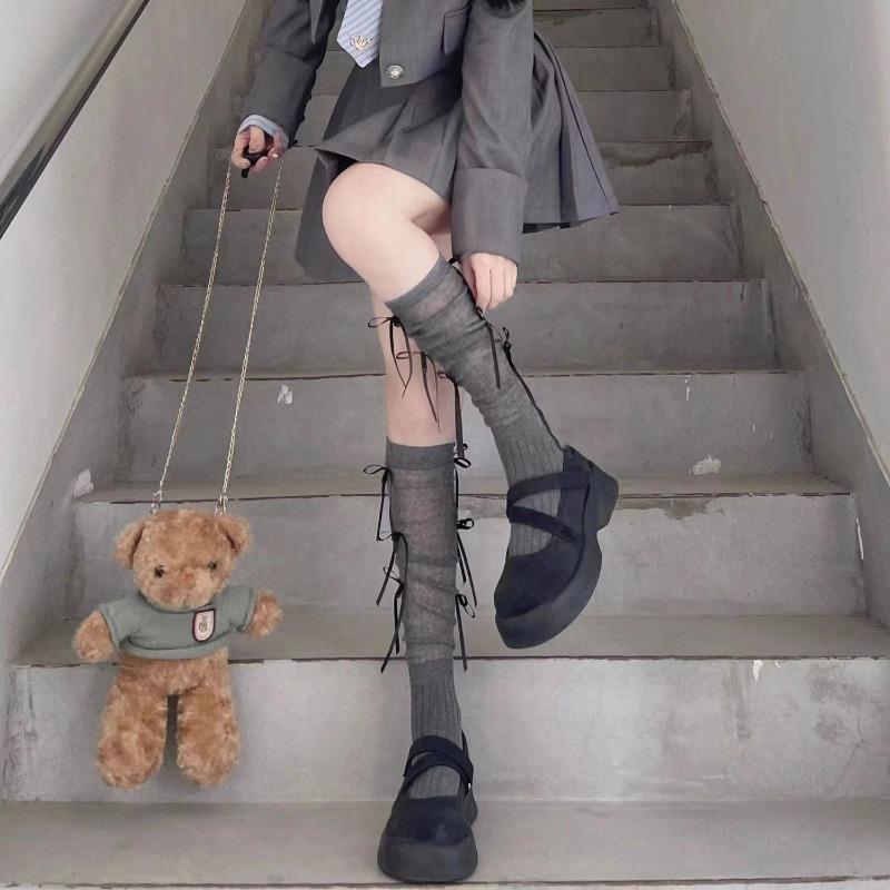 Ladies Spring and Summer Lovely Sweet Binding Bow Breathable Sweat Absorbent Calf Pile Socks