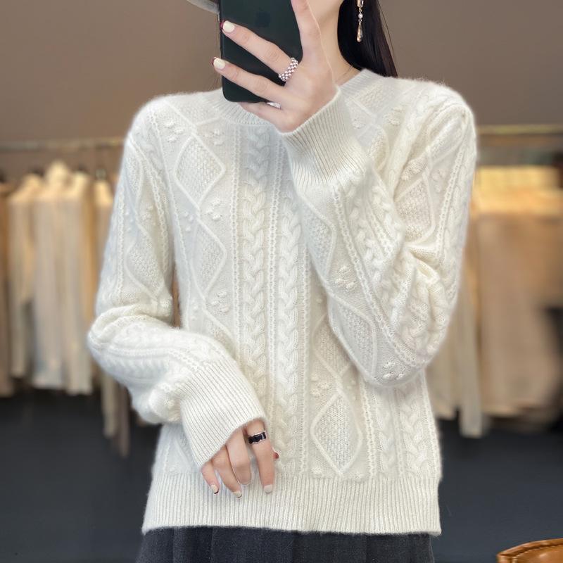 Women's Round Neck Knit Sweater - Cozy Autumn/Winter Pullover Wool Base Layer Top