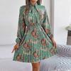 Women's Casual Elegant Flower Print Long Sleeve Tie Waist Long Sleeve Pleated Skirt Dress