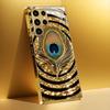 Gold-plated Tempered Glass Phone Case Compatible Galaxy S26 S25 S24 S23 S22 Ultra Plus. Features a Gold and Blue Feather Design
