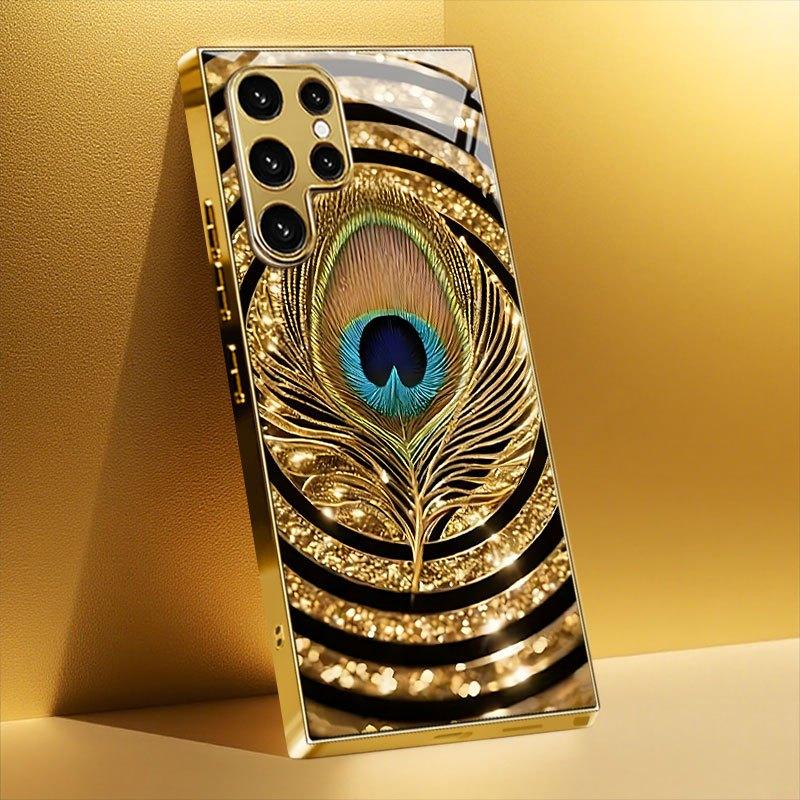 Gold-plated Tempered Glass Phone Case, Compatible Galaxy S26 S25 S24 S23 S22 Ultra Plus. Features a Gold and Blue Feather Design
