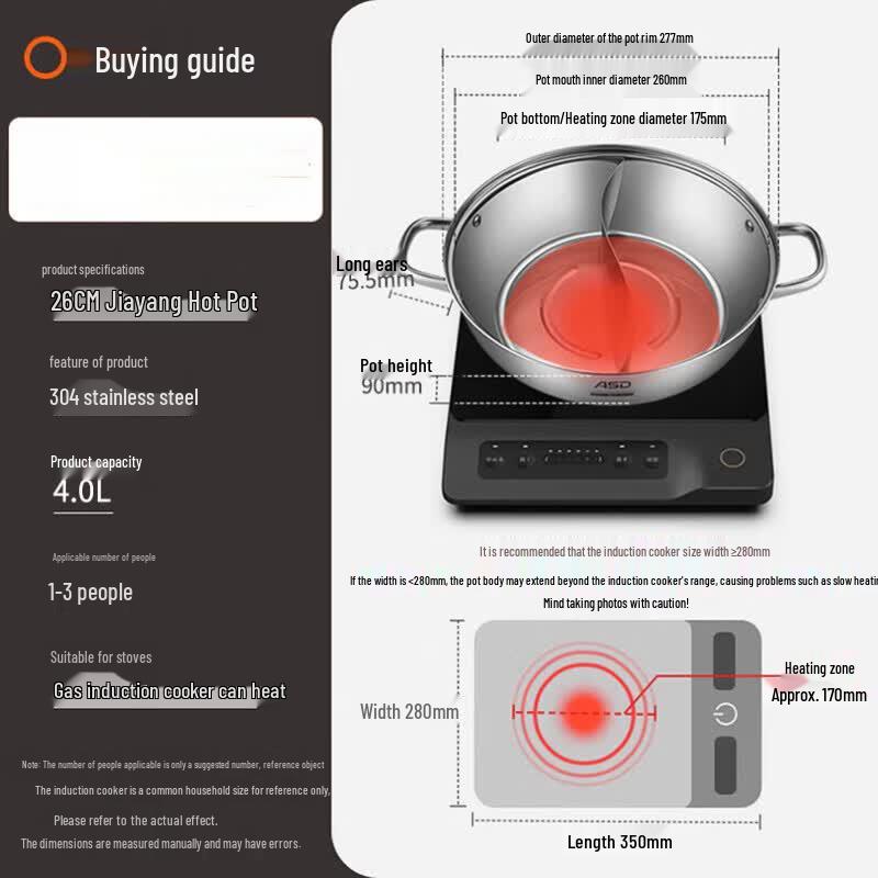 Aishida 26cm 304 Stainless Steel Divided Hot Pot