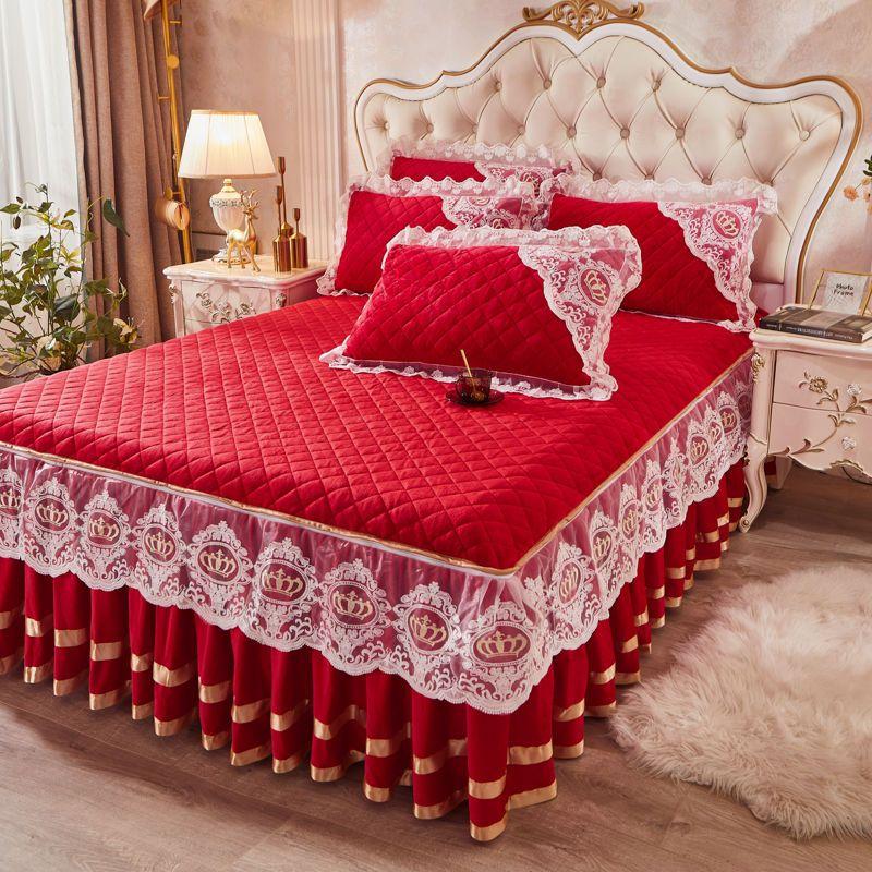 European Style Velvet Bed Skirt Quilt Cover Pillowcase 3pc Suit Thicken Autumn Winter Keep Warm Double Sided Short Plush Bedspread Quilt Cover