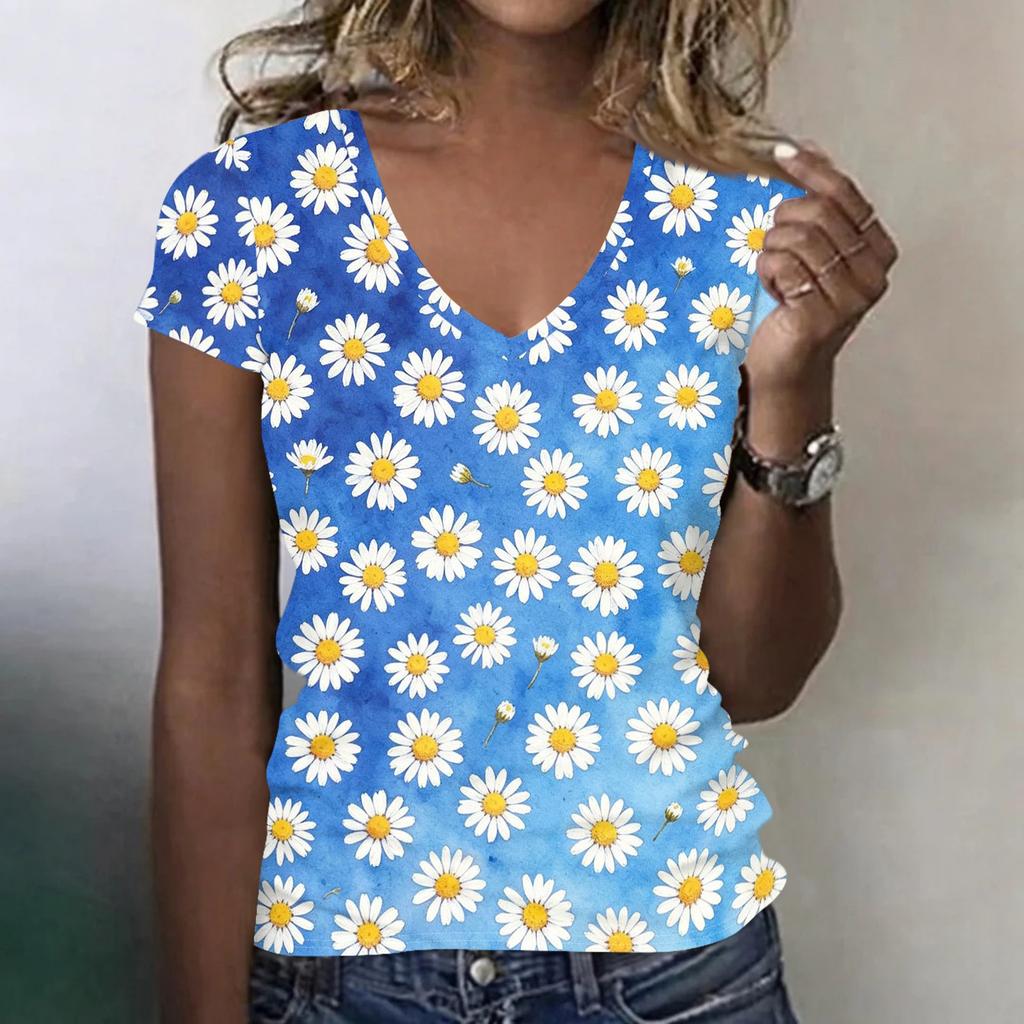 Women's Casual V Neck Short Sleeve Floral Print T Shirt Top Lightweight Comfortable Summer Tee with Daisy Pattern