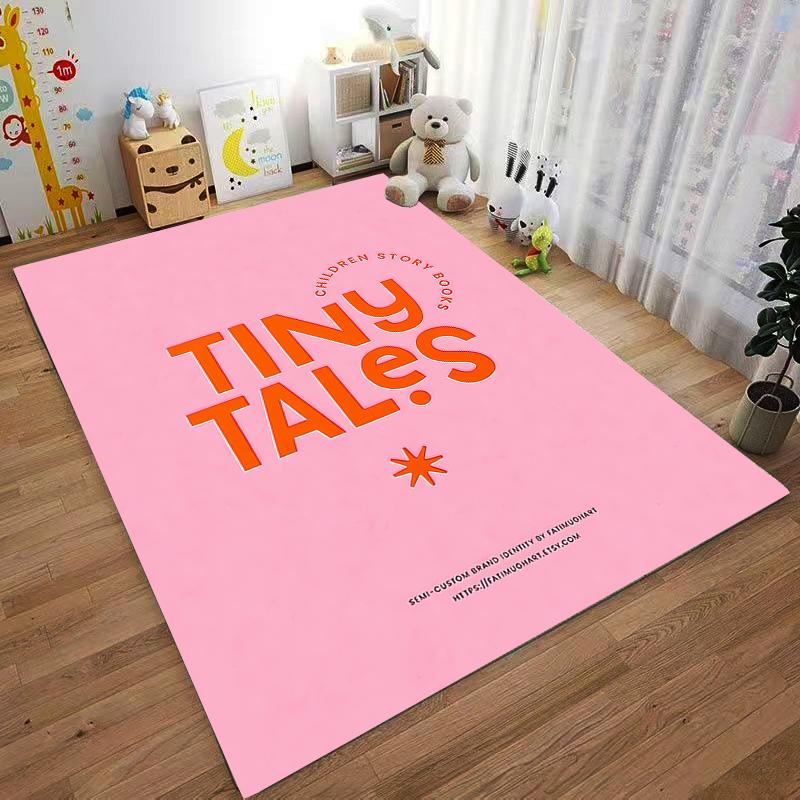 Tiny Tales Children Story Books Logo Poster Pink Orange Typography Brand Art detailed floor mat rug for kids room nursery office decor