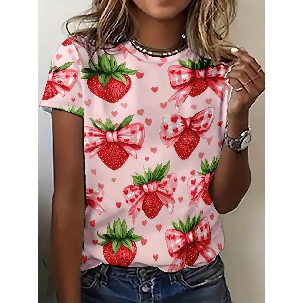 Strawberry 3D printed women s round neck short sleeved shirt 2XS
