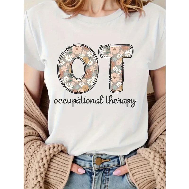 

Women s Casual Short Sleeve Crew Neck T-Shirt - Geometric Floral Letter Print, Relaxed Fit, Machine Washable, All-Season Comfort Top for Casual Attire S белый