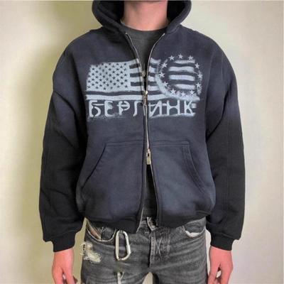 Sudadera unisex holgada de calle europea y americana de otoño/invierno con capucha y estampado de doble cremallera