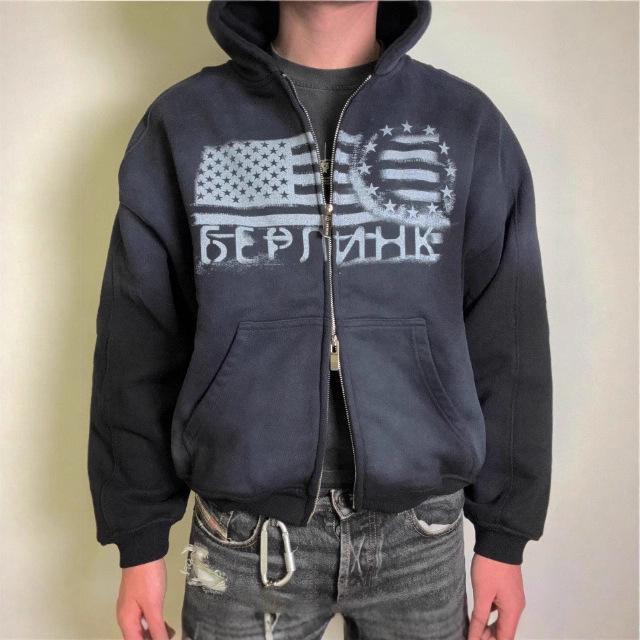 Europos ir Amerikos Rudens/Žiemos Gatvės Stiliaus Dvigubo Užtrauktuko Spausdintas Unisex Laisvas Džemperis su Gobtuvu