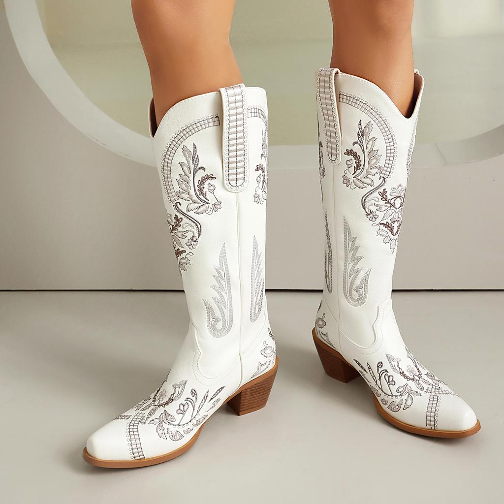 Western Cowboy Boots for Women Embroidered Knee High Cowgirl Tall Boots Chunky Heel Retro Shoes for a Sorority Social Event