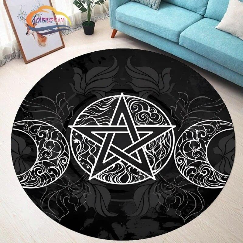 Pentagram Carpet Moon Satanic Round Rug Skull &  , Wicca  White  On Black  Goth Home Decor Chair Mats