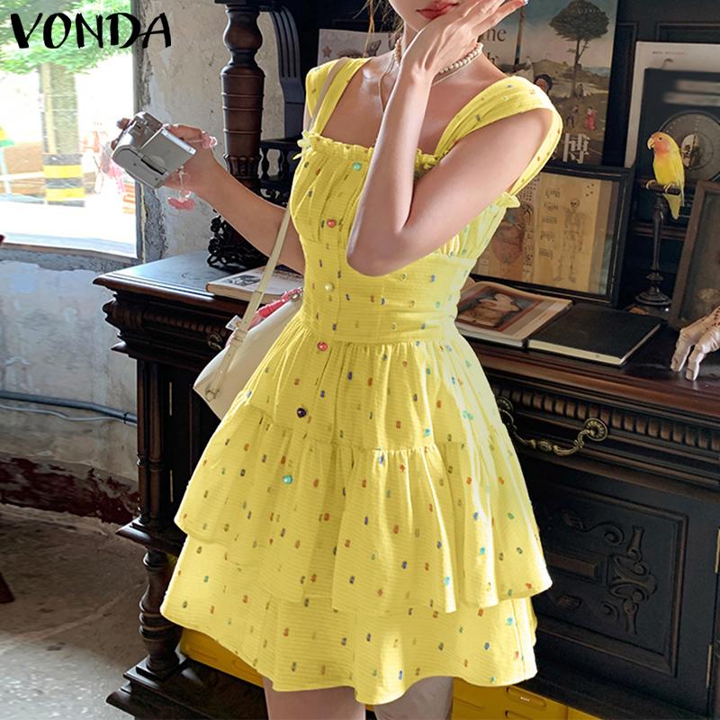 VONDA Rochie Mini Femei cu Bretele, Fără Mâneci, Imprimeu Buline, Casual, de Petrecere, Straturi, Plisată