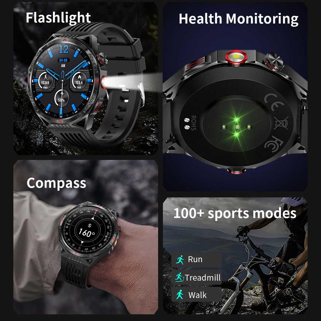 Outdoor Sport Kompass Smartwatch Herren Taschenlampe Laserlicht 450mAh Akku GPS Sport Track Wasserdicht Bluetooth Anruf Smartwatch