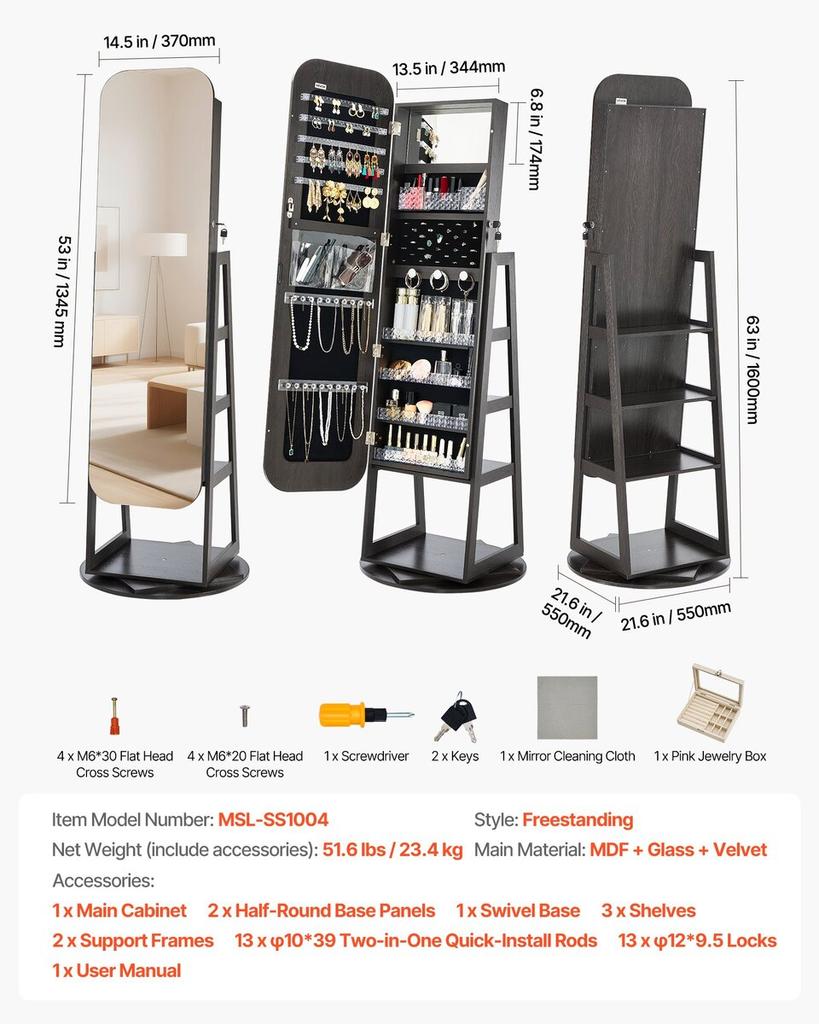 360° Swivel Jewelry Cabinet, 1600 Mm Tall, Full-Length Mirror with Storage, Standing Rotatable Jewelry Armoire Organizer, Lockable Door with 2 Keys,