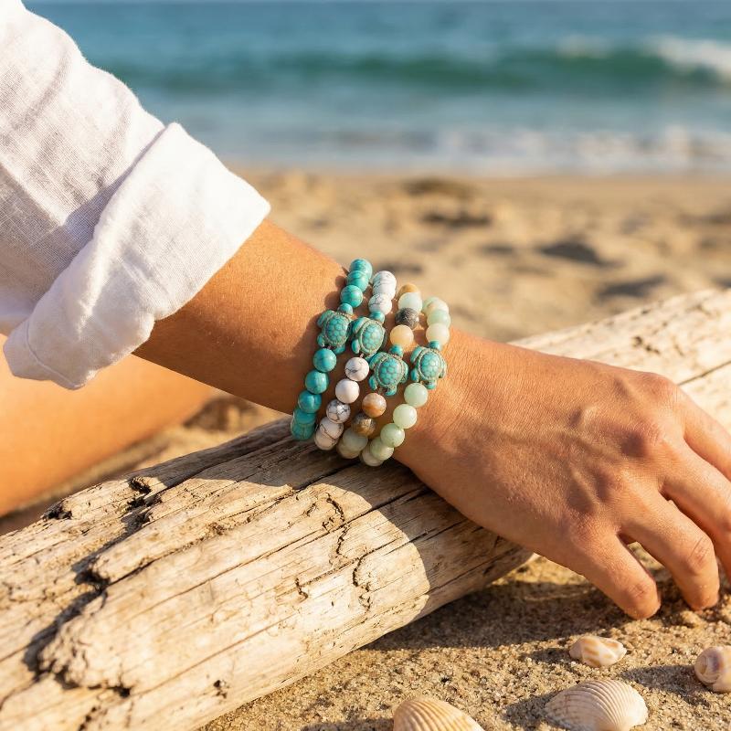 Ocean Sea Turtle Beaded Bracelets Bohemian Turquoise Natural Stone Elastic Friendship Summer Beach Jewelry For Women Men