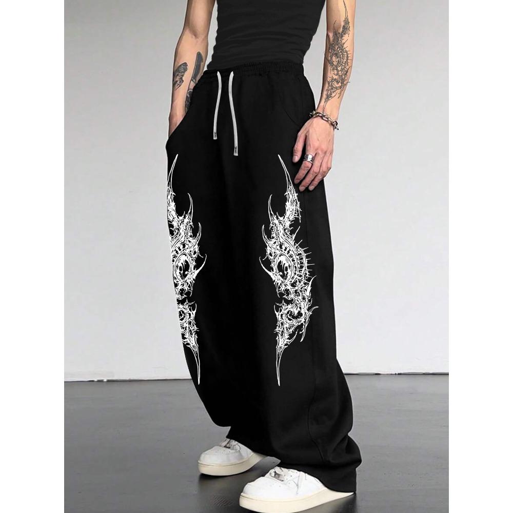 

Black Loose Sports Pants, White Abstract Flame Print, Casual Street Style Fashion XXL