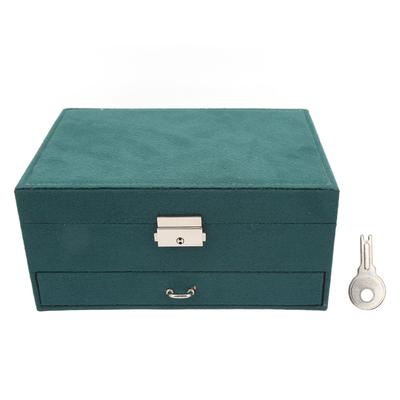 Retro Jewelry Box Blackish Green 2 Layer Jewelry Organizer Case with Lock for Rings Stud Earrings