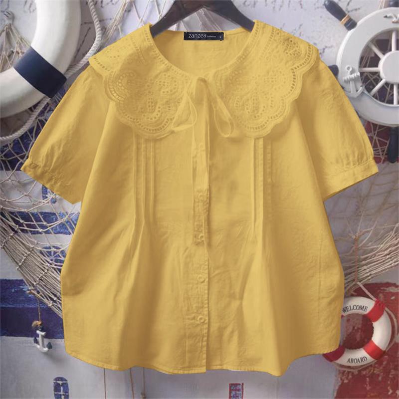 

ZANZEA Женская повседневная блузка с кружевной вставкой крючком, воротником-куклой, летняя, с коротким рукавом 5XL жёлтый