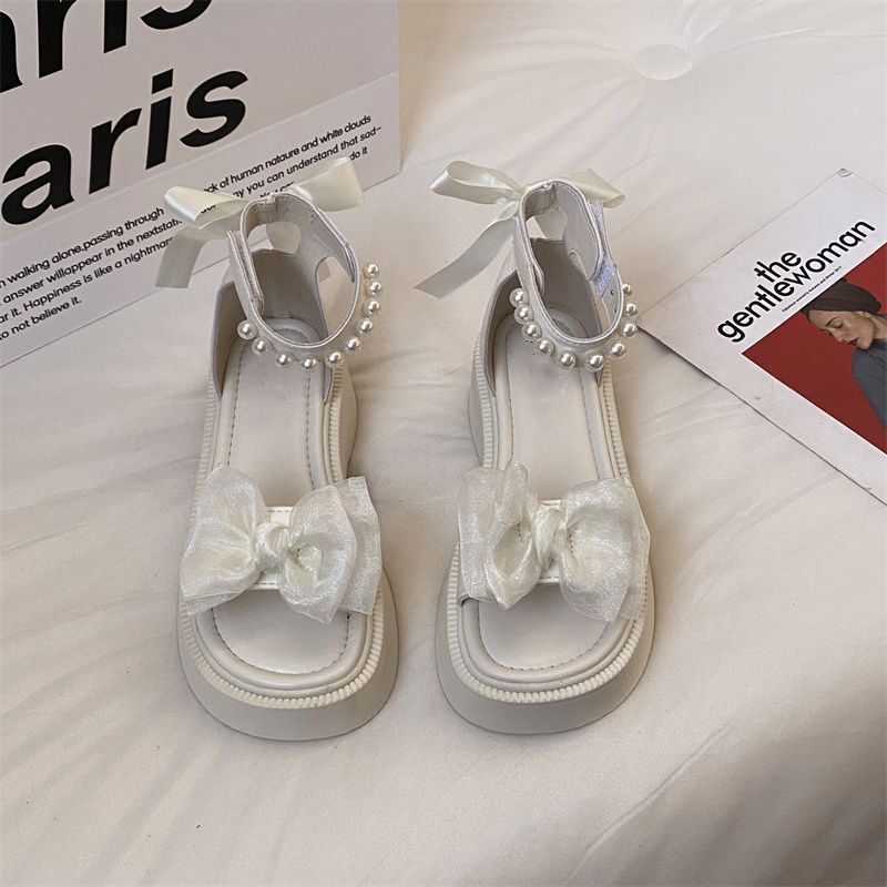2025 neu Feenstil Plateau Muffin Schleife Französisch mit Rock Perle Römersandalen flache Sandalen weiblich Sommer