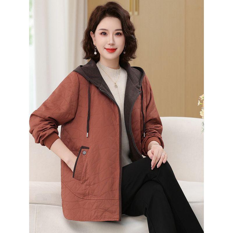 Autumn Style Quilted Thin Cotton Jacket, Spring and Autumn Hooded Loose Short Baseball Jacket, Casual Outerwear for Middle-Aged and Elderly Mothers