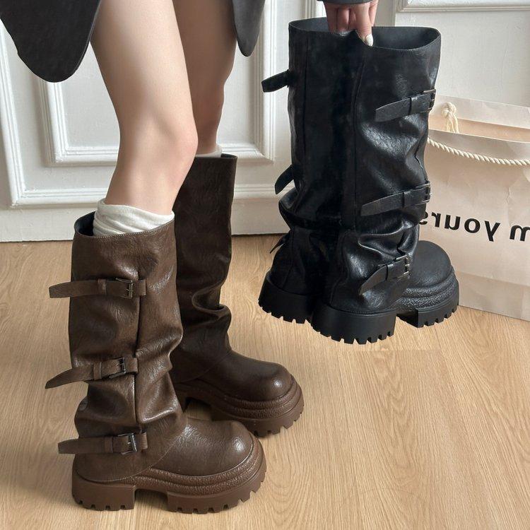 Thick-soled heightening knight boots women's 2025 new spring and autumn retro brown Maillard stacking boots medium tube boots