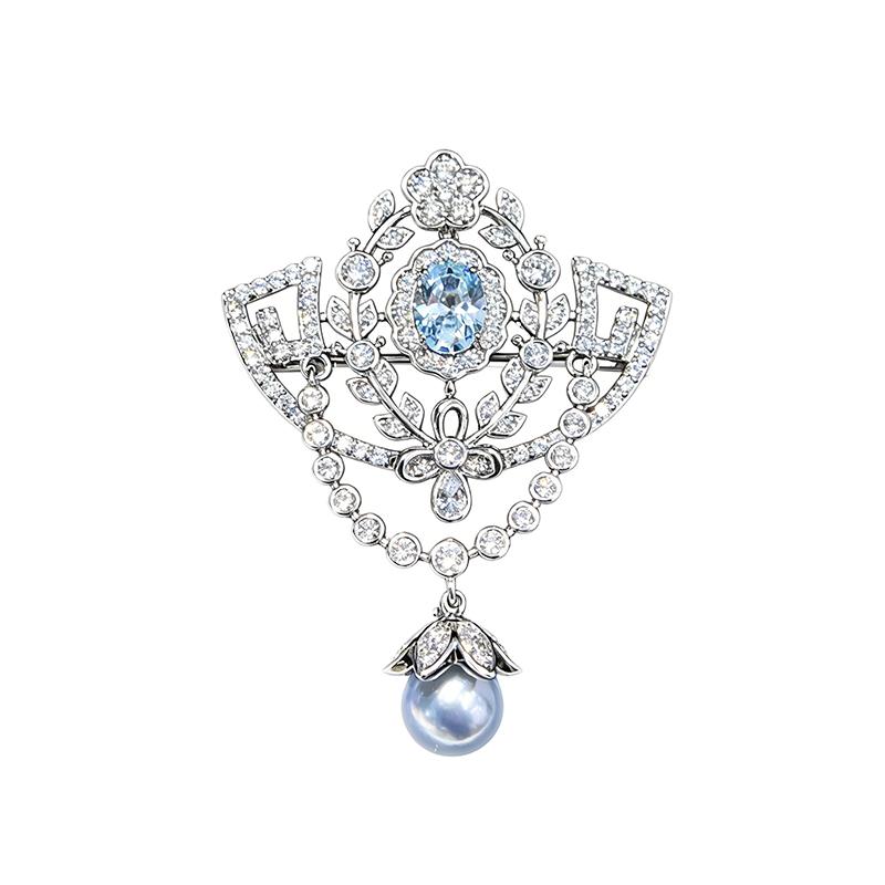 Openwork Carved Pearl Brooch 7-8Mm Madama Akoya Seawater Pearl Cubic Zirconia Blue Style Brooch Pin Daily Coat  Jewelry синий